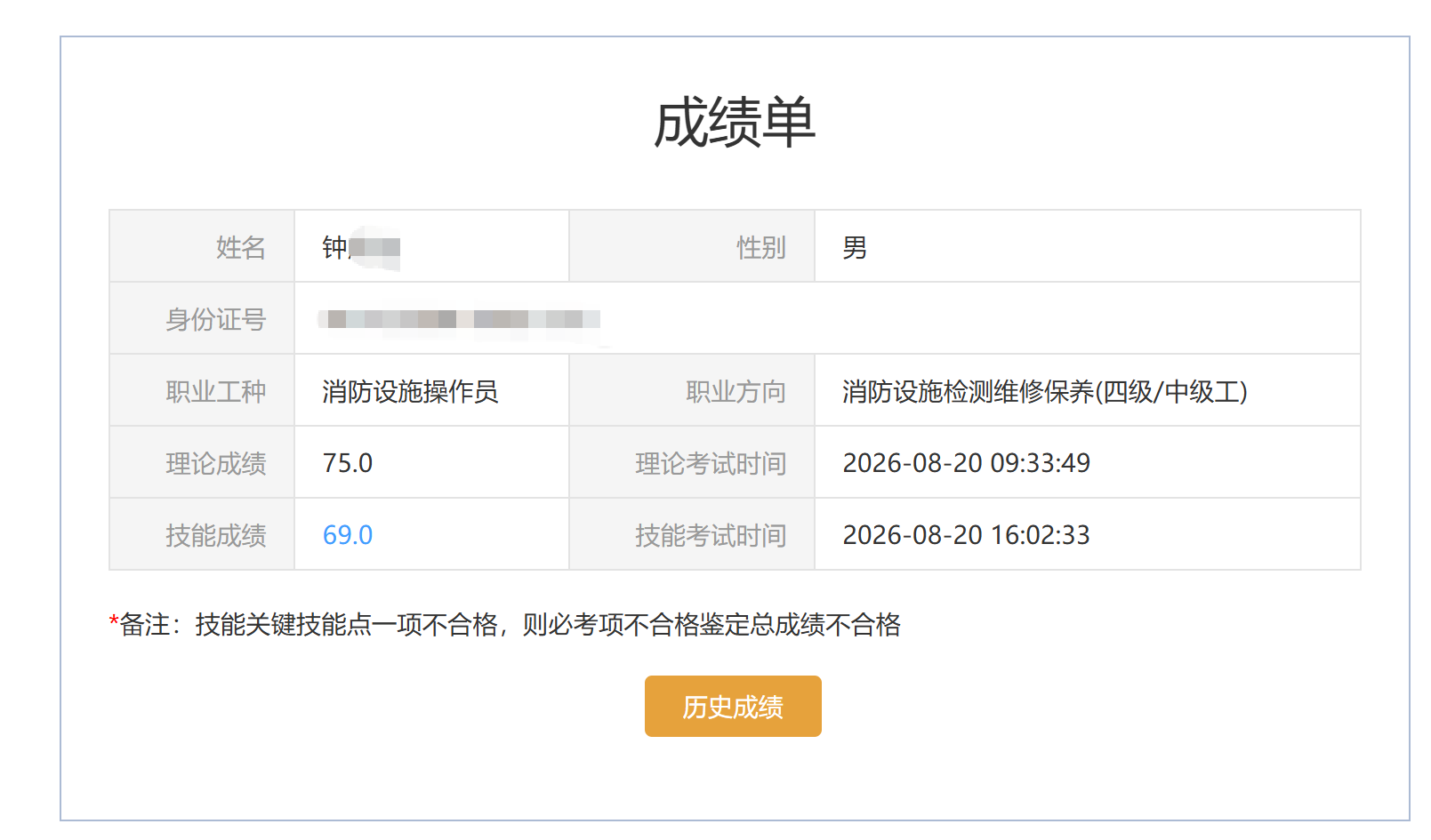 证安消防学员检测维修保养方向成绩单 2026-08-20,姓名已脱敏