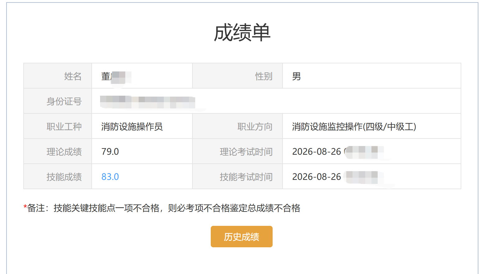 证安消防培训学员真实成绩单示例,姓名已脱敏